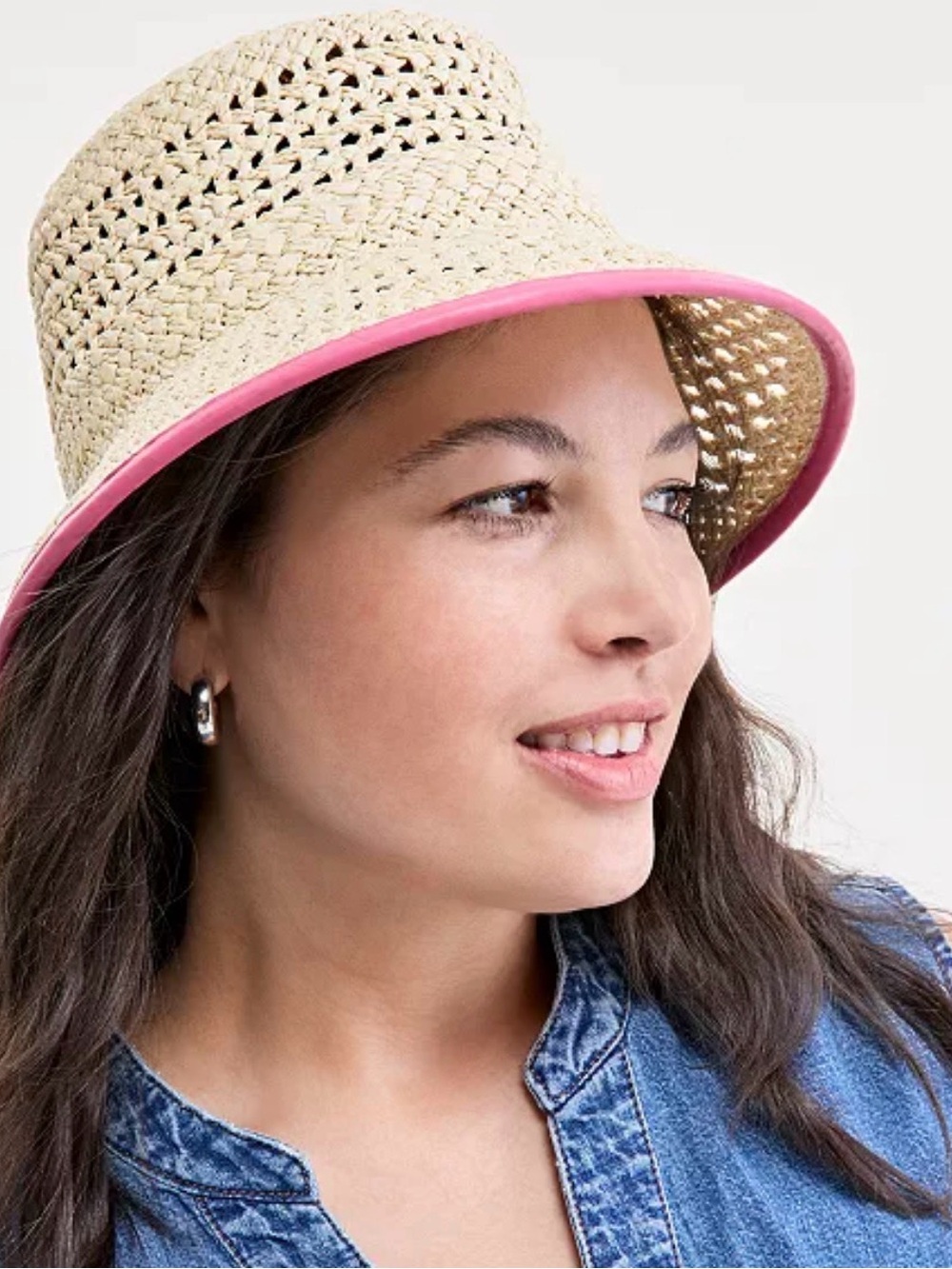 Women's Straw Bucket Hat with Pink Trim